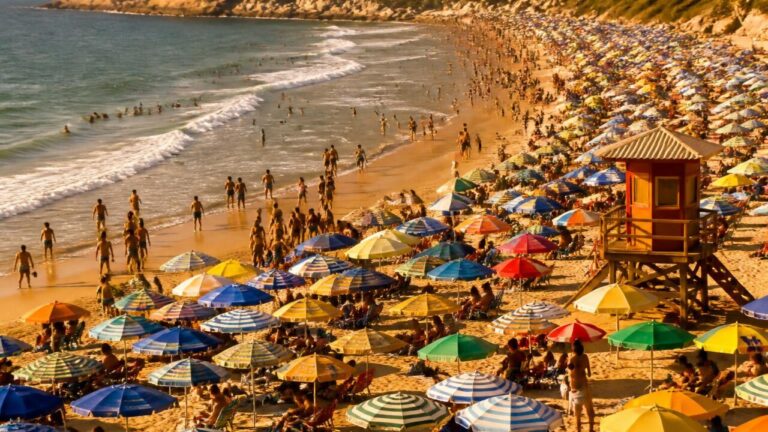 Vista aérea de uma praia cheia de banhistas na orla em dia de sol