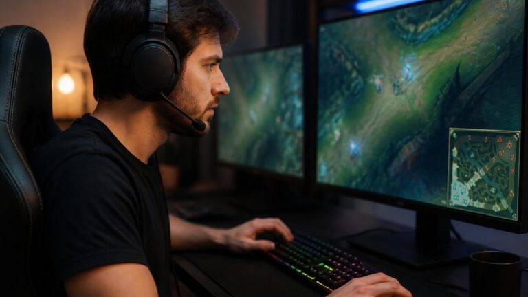 Jogador analisando minimapa e jogando em monitor com headset