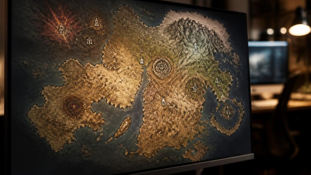 Mapa de jogo com áreas destacadas e símbolos sutis que remetem a títulos anteriores