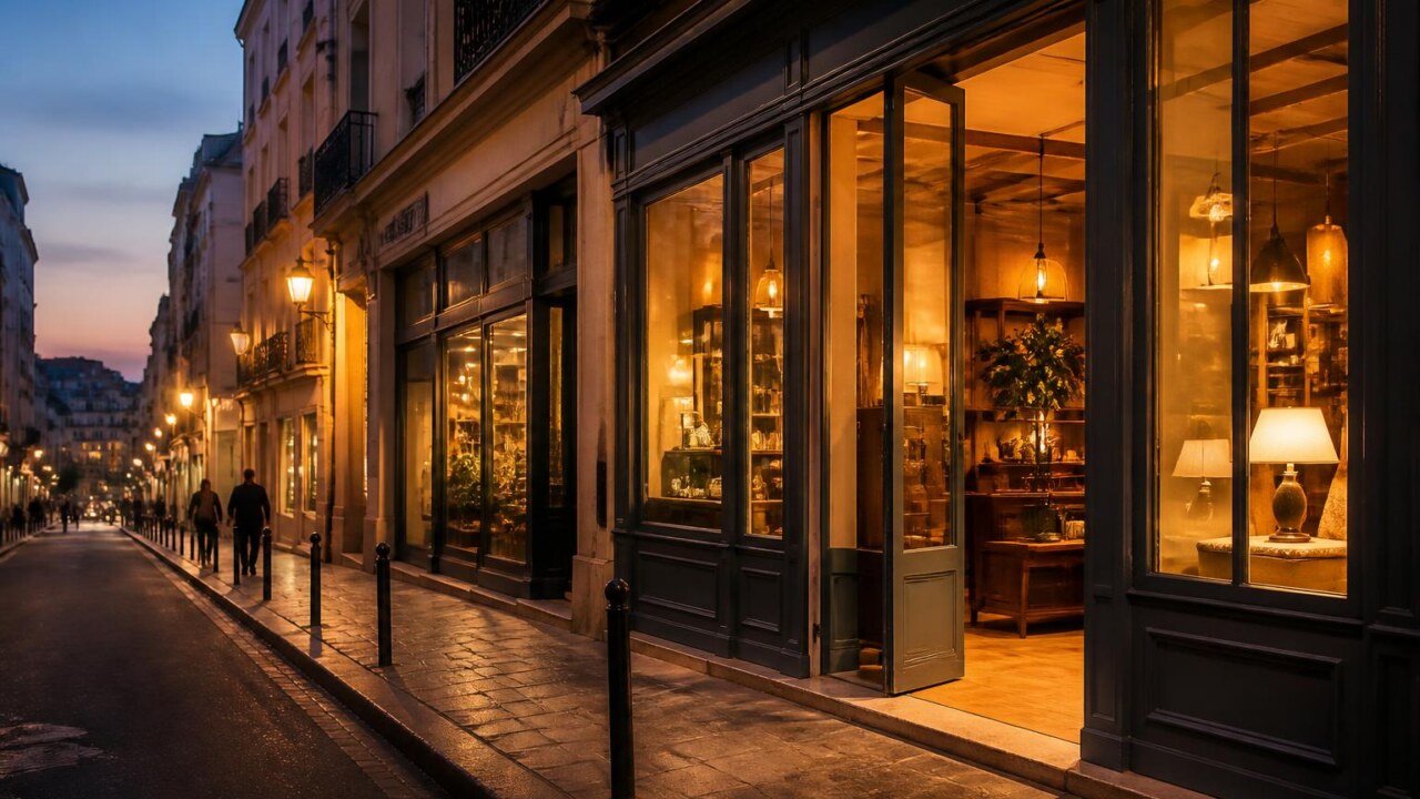 Rua urbana com portas abertas mostrando interiores iluminados em um jogo de mundo aberto