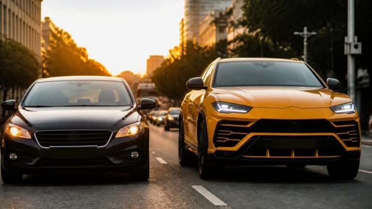 Dois carros em uma rua urbana à distância, um veículo descaracterizado próximo a outro veículo em movimento.