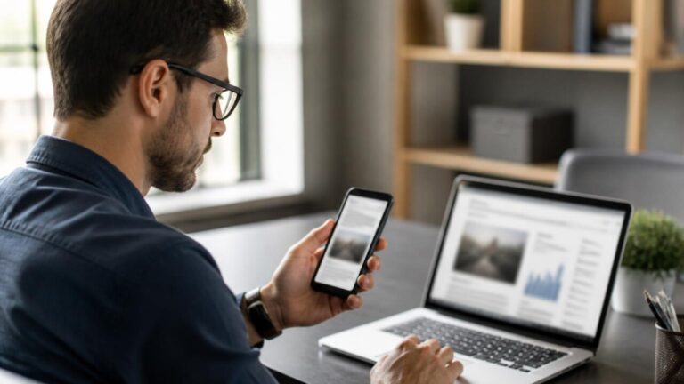 Pessoa conferindo notícias em um smartphone e computador antes de compartilhar