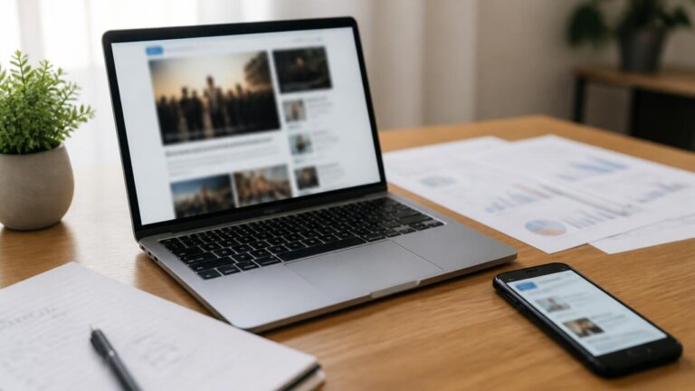 Mesa com documentos, um celular mostrando uma notícia e um laptop, representando informação oficial, vazamento e especulação.