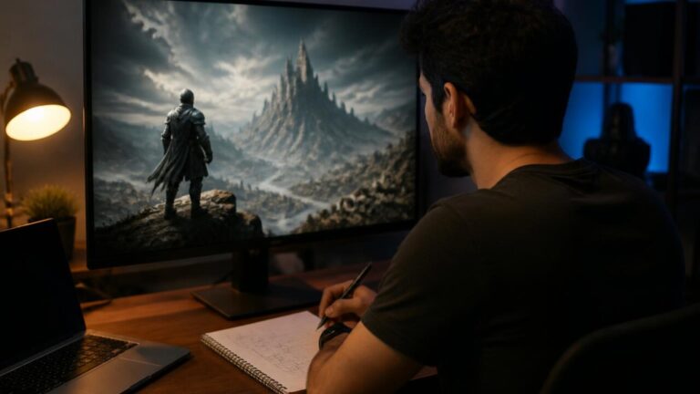 Pessoa assistindo trailer de jogo em tela grande com anotações e checklist editorial ao lado