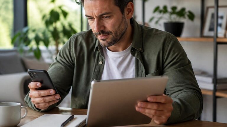 Pessoa consultando notícias em um tablet e fazendo anotações, com telas mostrando notícias e notificações ao fundo.